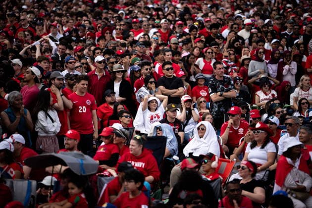 July 4, 2026, Vancouver, Bc, CANADA: Canadian fans react to Morocco scoring against Canada during a World Cup round of 16 soccer match, at Jack Poole Plaza, in Vancouver, on Saturday, July 4, 2026. Canada News - July 4, 2026  - ZUMAc35_ 20260704_zaf_c35_083 Copyright: xEthanxCairnsx