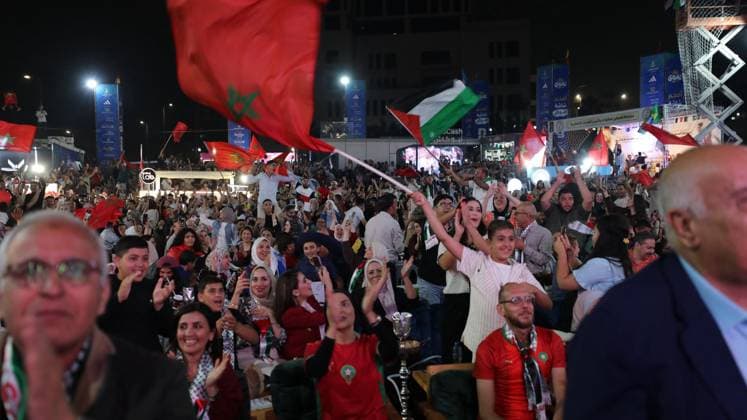 RAMALLAH, WEST BANK JULY 4, 2026: Palestinians celebrate in Ramallah, West Bank, after Morocco defeated Canada 3-0 to qualify for the FIFA World Cup, WM, Weltmeisterschaft, Fussball 2026 quarterfinals on July 4, 2026. Morocco became the first team to reach the quarterfinal stage of the tournament. RAMALLAH Palestine, State of Copyright: x xTariqxHamedxKhamaysehx xJNAxPressx