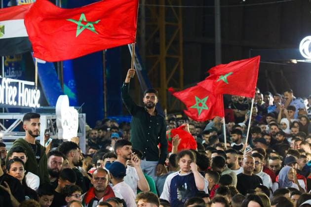 Football, 2026 FIFA World Cup, Canada v Morocco, fans, support for Morocco at a public viewing event in the West Bank