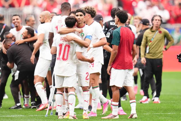 July 4, 2026, Houston, Texas, United States: Brahim Diaz of Morocco celebrates the victory with Achraf Hakimi of Morocco during the FIFA World Cup, WM, Weltmeisterschaft, Fussball 2026 Round Of 16 match between Canada and Morocco at Houston Stadium on July 4, 2026 in Houston, United States. Morocco Defeats Co-Host Canada 3-0 To Reach World Cup Quarterfinals  - ZUMAa181 20260704_zaa_a181_056 Copyright: xJosexBretonx