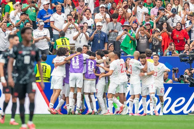 July 4, 2026: Team Morocco celebrates the second goal by Morocco midfielder Azzedine Ounahi (8) during a FIFA World Cup, WM, Weltmeisterschaft, Fussball Round of 16 match between Canada and Morocco in Houston, TX. .. CSM Morocco Defeats Co-Host Canada 3-0 To Reach World Cup Quarterfinals  - ZUMAc04_ 20260704_faf_c04_043 Copyright: xTraskxSmithx