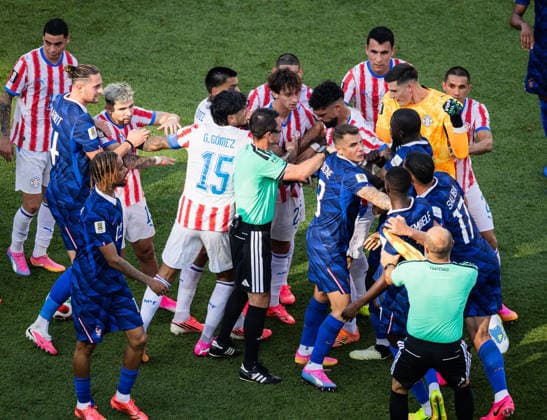 The referee Ilgiz Tantashev reacts during the FIFA Men’s World Cup 2026 round of 16 football match between Paraguay and France at Philadelphia Stadium, in Philadelphia on July 4th 2026 (Photo by Ricardo Nogueira SPP)  Copyright: xRicardoxNogueira SPPx Sportspressphoto_SPR184992