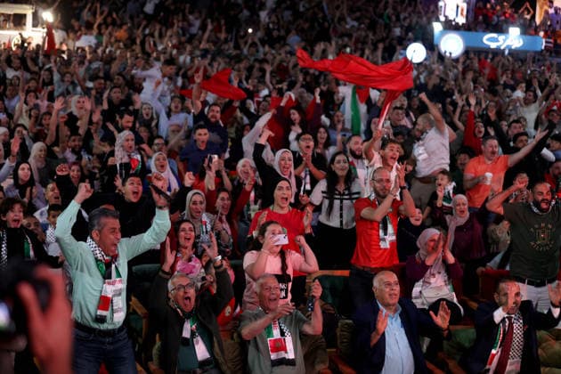 Football fans gather in West Bank to watch FIFA World Cup, WM, Weltmeisterschaft, Fussball 2026 - Round of 16 RAMALLAH, WEST BANK, PALESTINE - JULY 4: Crowd of football fans supporting Morocco gather in an open-air square in Ramallah, West Bank on July 4, 2026, to watch the FIFA World Cup Round of 16 match between Morocco and Canada. Issam Rimawi Anadolu Ramallah Palestinian Territory, Occupied. Editorial use only. Please get in touch for any other usage.  Copyright: x2026xAnadoluxIssamxRimawix
