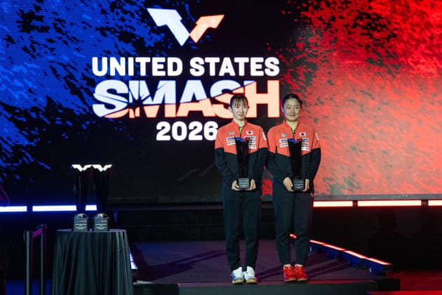 LOS ANGELES, CALIFORNIA - JULY 04: Runners-up Hina Hayata and Miwa Harimoto of Japan pose for a photo during the awarding ceremony after the Women s Doubles Final match on day 9 of United States Smash 2026 at Ontario Convention Center on July 4, 2026 in Los Angeles, California.  Copyright: xVCGx 111652303942