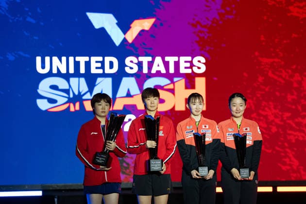 LOS ANGELES, CALIFORNIA - JULY 04: Champions Wang Manyu and Kuai Man of China, runners-up Hina Hayata and Miwa Harimoto of Japan pose for a photo during the awarding ceremony after the Women s Doubles Final match on day 9 of United States Smash 2026 at Ontario Convention Center on July 4, 2026 in Los Angeles, California.  Copyright: xVCGx 111652303944