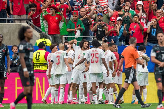 July 4, 2026: Morocco forward Soufiane Rahimi (9) celebrates his goal with teammates during a FIFA World Cup, WM, Weltmeisterschaft, Fussball Round of 16 match between Canada and Morocco in Houston, TX. .. CSM FIFA World Cup 2026: Canada Vs Morocco JUL 04  - ZUMAc04_ 20260704_zma_c04_145 Copyright: xTraskxSmithx