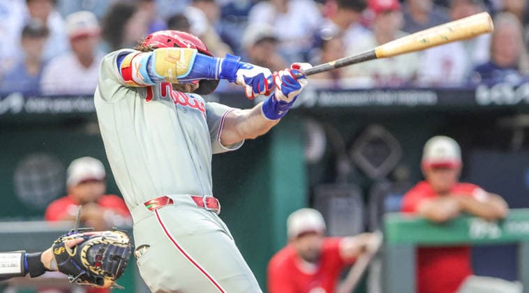 JULY 4, 2026: Philadelphia Phillies first baseman Bryce Harper (3) at bat against the Kansas City Royals at Kauffman Stadium in Kansas City, MO. CSM Kansas City United States - ZUMAc04_ 20260704_zma_c04_217 Copyright: xRomanxPunox