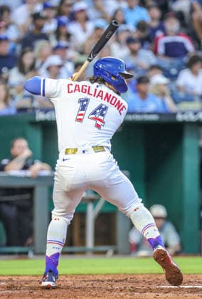 JULY 4, 2026: Kansas City Royals outfielder Jac Caglianone (14) at bat against the Philadelphia Phillies at Kauffman Stadium in Kansas City, MO. CSM Kansas City United States - ZUMAc04_ 20260704_zma_c04_228 Copyright: xRomanxPunox