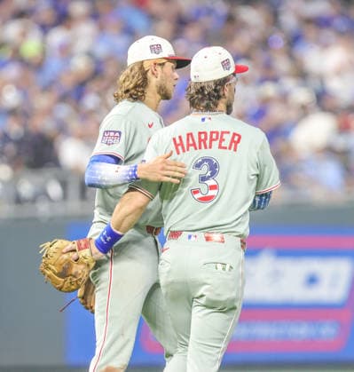 JULY 4, 2026: Philadelphia Phillies first baseman Bryce Harper (3) celebrates with Philadelphia Phillies third baseman Alec Bohm (28) after the game against the Kansas City Royals at Kauffman Stadium in Kansas City, MO. CSM Kansas City United States - ZUMAc04_ 20260704_zma_c04_234 Copyright: xRomanxPunox