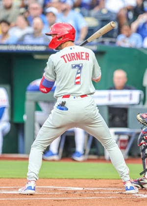JULY 4, 2026: Philadelphia Phillies shortstop Trea Turner (7) at bat against the Kansas City Royals at Kauffman Stadium in Kansas City, MO. CSM Kansas City United States - ZUMAc04_ 20260704_zma_c04_244 Copyright: xRomanxPunox