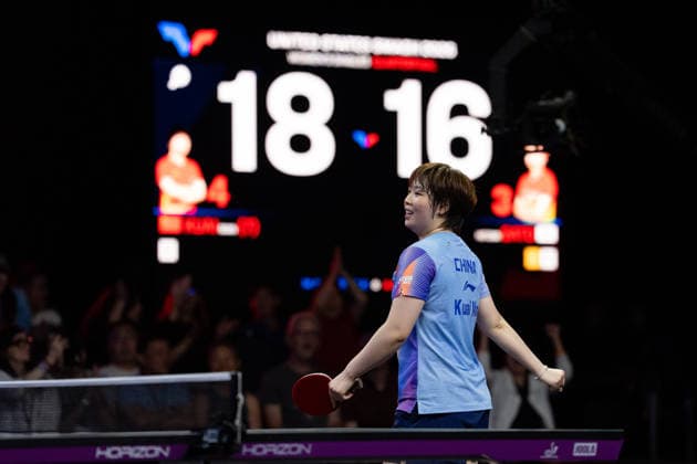LOS ANGELES, CALIFORNIA - JULY 04: Kuai Man of China reacts in the Women s Singles Quarterfinal match against Hitomi Sato of Japan on day 9 of United States Smash 2026 at Ontario Convention Center on July 4, 2026 in Los Angeles, California.  Copyright: xVCGx 111652333236
