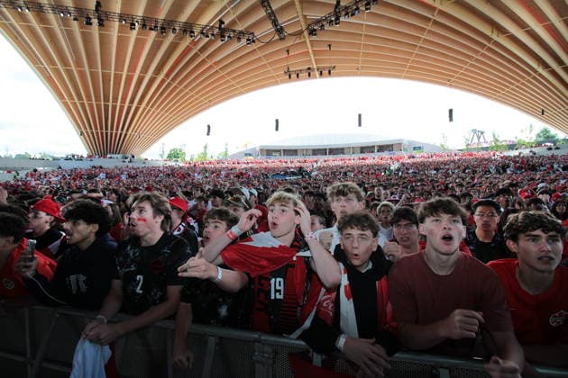 July 4, 2026, Vancouver, British Columbia, Canada: Fans of Canada and Morocco watch the FIFA World Cup, WM, Weltmeisterschaft, Fussball 2026 match at Vancouver FIFA Fan Festival at the PNE ground in Vancouver. Canada And Morocco Fans Gather At Vancouver FIFA Fan Festival.  - ZUMAa223 0860749938st Copyright: xMazyarxAsadix