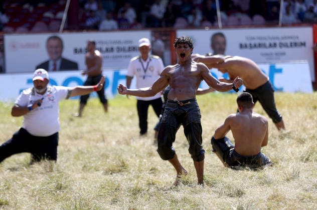 665th Historic Kirkpinar Oil Wrestling Festival in Turkiye s Edirne EDIRNE, TURKIYE - JULY 5: Chief oil wrestler Aydincan Gumusdag celebrates after defating his opponent during the 665th Historic Kirkpinar Oil Wrestling Festival in Edirne, Turkiye, on July 5, 2026. Ozgun Tiran Anadolu Edirne Turkey. Editorial use only. Please get in touch for any other usage.  Copyright: x2026xAnadoluxOzgunxTiranx