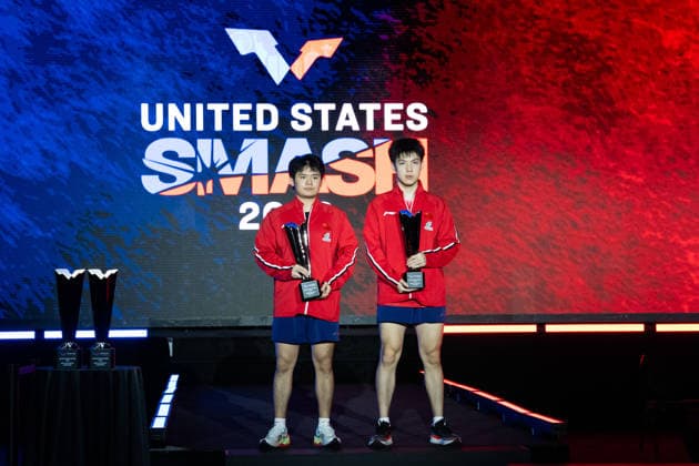 LOS ANGELES, CALIFORNIA - JULY 04: Runners-up Lin Shidong and Huang Youzheng of China pose during the awarding ceremony following the Men s Doubles Final match on day 9 of United States Smash 2026 at Ontario Convention Center on July 4, 2026 in Los Angeles, California.  Copyright: xVCGx 111652369506