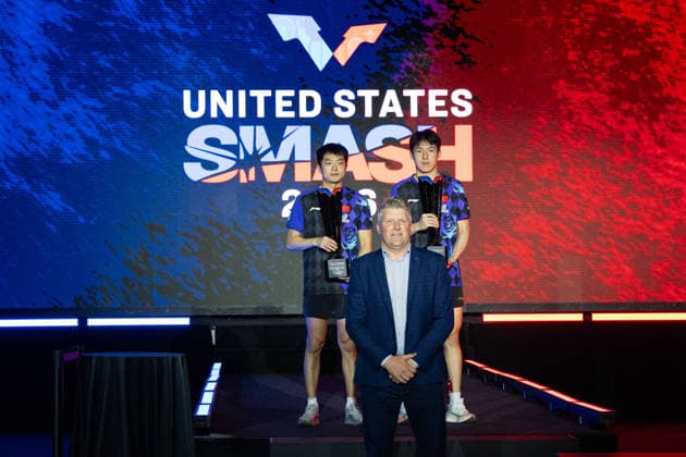 LOS ANGELES, CALIFORNIA - JULY 04: Champions Wen Ruibo and Yuan Licen of China pose during the awarding ceremony following the Men s Doubles Final match on day 9 of United States Smash 2026 at Ontario Convention Center on July 4, 2026 in Los Angeles, California.  Copyright: xVCGx 111652369507