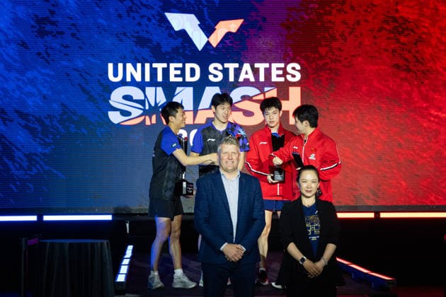 LOS ANGELES, CALIFORNIA - JULY 04: Champions Wen Ruibo and Yuan Licen of China, runners-up Lin Shidong and Huang Youzheng of China pose during the awarding ceremony following the Men s Doubles Final match on day 9 of United States Smash 2026 at Ontario Convention Center on July 4, 2026 in Los Angeles, California.  Copyright: xVCGx 111652369508