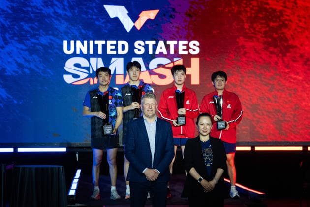 LOS ANGELES, CALIFORNIA - JULY 04: Champions Wen Ruibo and Yuan Licen of China, runners-up Lin Shidong and Huang Youzheng of China pose during the awarding ceremony following the Men s Doubles Final match on day 9 of United States Smash 2026 at Ontario Convention Center on July 4, 2026 in Los Angeles, California.  Copyright: xVCGx 111652369509