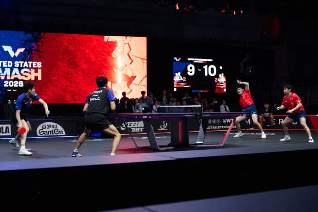 LOS ANGELES, CALIFORNIA - JULY 04: Wen Ruibo and Yuan Licen of China compete in the Men s Doubles Final match against Lin Shidong and Huang Youzheng of China on day 9 of United States Smash 2026 at Ontario Convention Center on July 4, 2026 in Los Angeles, California.  Copyright: xVCGx 111652369498