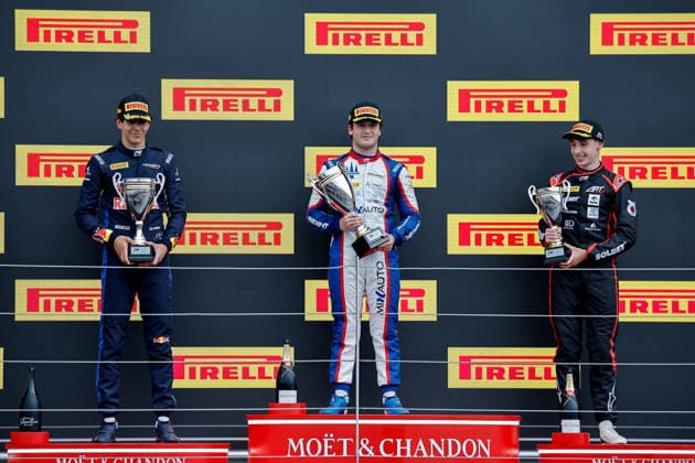 AUTO - FORMULA 3 2026 - SILVERSTONE RIVERA Ernesto (mex), Campos Racing, Dallara F3 2025, DE PALO Matteo (ita), Trident, Dallara F3 2025, GLADYSZ Maciej (pol), ART Grand Prix, Dallara F3 2025, portrait Celebration podium during the 5th round of the 2026 FIA Formula 3 Championship from July 3 to 5, 2026 on the Silverstone Circuit, in Silverstone, United Kingdom - SilverstoneUnited Kingdom  Copyright: xPauloxMariax