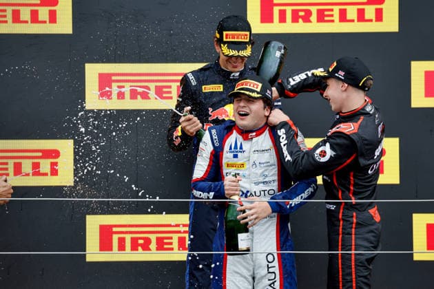 AUTO - FORMULA 3 2026 - SILVERSTONE RIVERA Ernesto (mex), Campos Racing, Dallara F3 2025, DE PALO Matteo (ita), Trident, Dallara F3 2025, GLADYSZ Maciej (pol), ART Grand Prix, Dallara F3 2025, portrait Celebration podium during the 5th round of the 2026 FIA Formula 3 Championship from July 3 to 5, 2026 on the Silverstone Circuit, in Silverstone, United Kingdom - SilverstoneUnited Kingdom  Copyright: xPauloxMariax