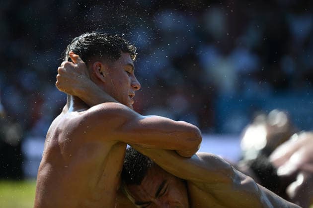 665th Historic Kirkpinar Oil Wrestling Festival in Turkiye s Edirne EDIRNE, TURKIYE - JULY 5: Wrestlers compete in various categories during the 665th Historic Kirkpinar Oil Wrestling Festival at the Sarayici Er Meydani wrestling grounds in Edirne, Turkiye, on July 5, 2026. Gokhan Balci Anadolu Edirne Turkey. Editorial use only. Please get in touch for any other usage.  Copyright: x2026xAnadoluxGokhanxBalcix