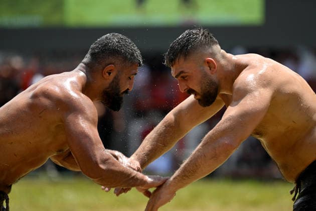 665th Historic Kirkpinar Oil Wrestling Festival in Turkiye s Edirne EDIRNE, TURKIYE - JULY 5: Wrestlers compete in various categories during the 665th Historic Kirkpinar Oil Wrestling Festival at the Sarayici Er Meydani wrestling grounds in Edirne, Turkiye, on July 5, 2026. Gokhan Balci Anadolu Edirne Turkey. Editorial use only. Please get in touch for any other usage.  Copyright: x2026xAnadoluxGokhanxBalcix