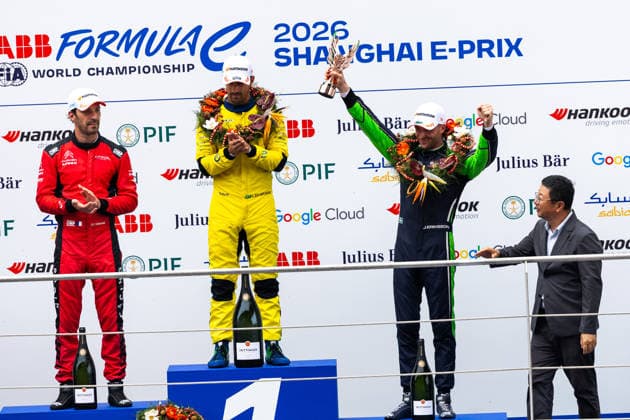 2026 FORMULA E SHANGHAI ePRIX podium, portrait, DI GRASSI Lucas (bra), Lola Yamaha ABT Formula E Team, Lola T002, portrait VERGNE Jean-Eric (fra), CitroÃ«n Racing Formula E Team, CitroÃ«n, portrait ERIKSSON Joel (swe), Envision Racing, Jaguar I-Type 7, portrait during the Shanghai ePrix, 12th and 13th round of the 2025-26 ABB FIA Formula E World Championship, WM, Weltmeisterschaft on the Shanghai International Circuit from July 3 to 5, 2026 in Shanghai, China - ShanghaiChina  Copyright: xDamienxDoumerguex