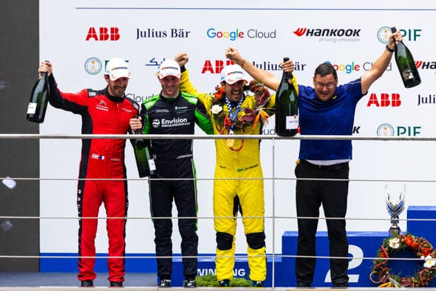 2026 FORMULA E SHANGHAI ePRIX podium, portrait, DI GRASSI Lucas (bra), Lola Yamaha ABT Formula E Team, Lola T002, portrait VERGNE Jean-Eric (fra), CitroÃ«n Racing Formula E Team, CitroÃ«n, portrait during the Shanghai ePrix, 12th and 13th round of the 2025-26 ABB FIA Formula E World Championship, WM, Weltmeisterschaft on the Shanghai International Circuit from July 3 to 5, 2026 in Shanghai, China - ShanghaiChina  Copyright: xDamienxDoumerguex