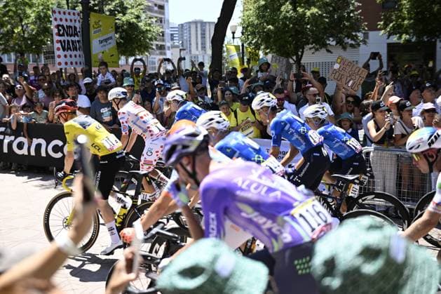 Danish Jonas Vingegaard of Team Visma-Lease a Bike and Slovenian Tadej Pogacar of UAE Team Emirates XRG pictured at the start of the second stage of the 2026 Tour de France cycling race, a stage of 182km from Tarragona to Barcelona, Sunday 05 July 2026. The 113th edition of the Tour de France starts on Saturday 4 July in Barcelona, Spain, and will finish in Paris, France on the 26th of July. JASPERxJACOBS  x180424857x