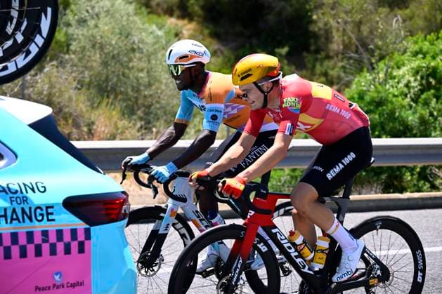 Tour de France 2026 Stage 2 BARCELONA, SPAIN - JULY 05 : Girmay Biniam (ERI) of NSN Cycling Team, Charmig Anthon (DEN) of Uno-X Mobility after a crash during stage 2 of the 113rd edition of Tour de France an UCI World Tour 2.UWT cycling road race stage for Men Elite of 182 km with start in Tarragona and finish in Barcelona on July 5, 2026 in Barcelona, Spain, 05 07 2026 ( Motordriver Kurt Vandenborre - Barcelona Spain  Copyright: xTomasxSiskx