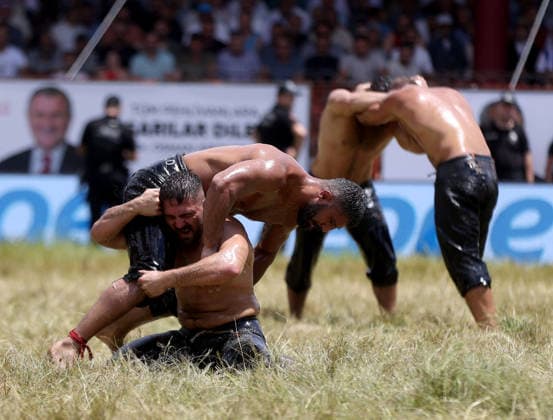 665th Historic Kirkpinar Oil Wrestling Festival in Turkiye s Edirne EDIRNE, TURKIYE - JULY 5: Wrestlers compete in various categories during the 665th Historic Kirkpinar Oil Wrestling Festival at the Sarayici Er Meydani wrestling grounds in Edirne, Turkiye, on July 5, 2026. Özgün Tiran Anadolu Edirne Turkey. Editorial use only. Please get in touch for any other usage.  Copyright: x2026xAnadoluxÖzgünxTiranx