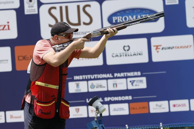 IPA86403855 - Sven Korte of Germany shoots during the first day of the ISSF World Cup Shotgun competition at the Concaverde Shooting Range on July 5, 2026, in Lonato del Garda, Italy.  Copyright: xRichardxMorgano IPAxSportx xx 86403855