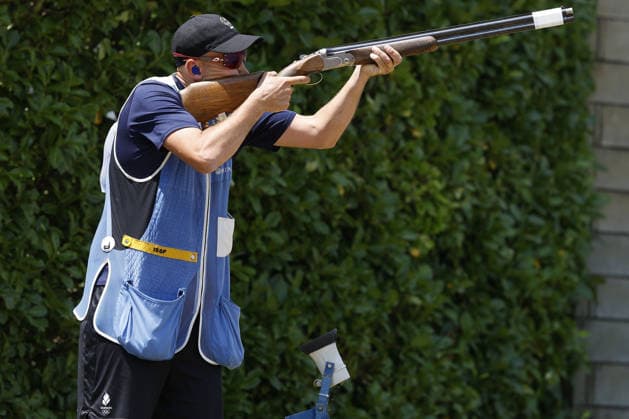 IPA86403862 - Emil Kjeldgaard Petersen of Denmark shoots during the first day of the ISSF World Cup Shotgun competition at the Concaverde Shooting Range on July 5, 2026, in Lonato del Garda, Italy.  Copyright: xRichardxMorgano IPAxSportx xx 86403862