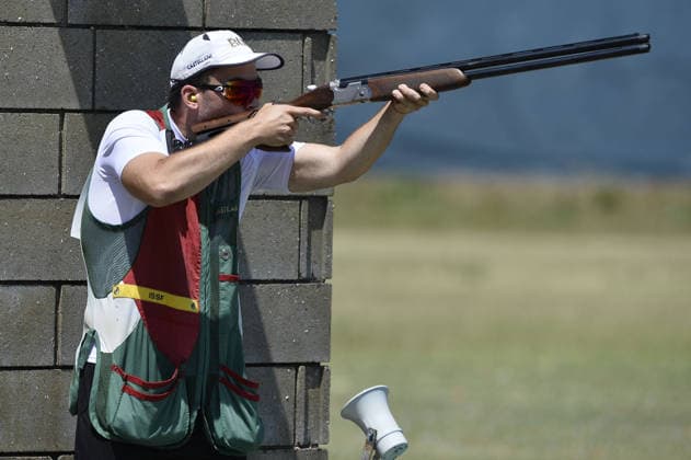 IPA86403847 - Ivan Bozhinov of Bulgaria takes a shot during the first day of the ISSF World Cup Shotgun competition at the Concaverde Shooting Range on July 5, 2026, in Lonato del Garda, Italy.  Copyright: xRichardxMorgano IPAxSportx xx 86403847