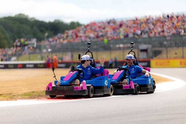 July 5, 2026, Silverstone, Northamptonshire, United Kingdom: PIERRE GASLY (10, BWT Alpine F1 Team, FRA, French F1 Driver, A526) FRANCO COLAPINTO (43, BWT Alpine F1 Team, ARG, Argentinian F1 Driver, A526) with LEGO Karts during the drivers parade on race day (Sunday) at the Formula 1 Pirelli British Grand Prix 2026 at Silverstone Circuit Silverstone United Kingdom - ZUMAr193 20260705_zsp_r193_107 Copyright: xSaraxRuffonix
