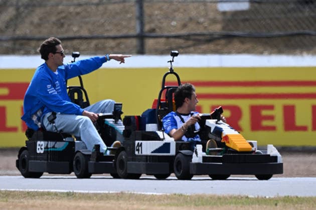 RECORD DATE NOT STATED 5th July 2026; Silverstone Circuit, Northamptonshire, England; FIA Formula 1 2026 British F1 Grand Prix; Race Day; George Russell of Mercedes and Arvid Lindblad of Racing Bulls during the lego car race SimonxWest