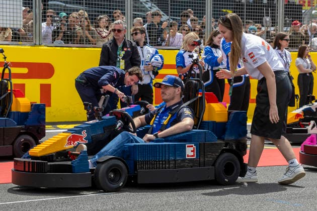 RECORD DATE NOT STATED 5th July 2026; Silverstone Circuit, Northamptonshire, England; FIA Formula 1 2026 British F1 Grand Prix; Race Day; Oracle Red Bull Racing driver Max Verstappen sits in his Lego go-kart for the drivers parade TimxWilliams