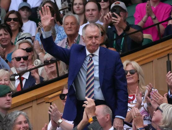 Tennis - 2026 Wimbledon Championships - Day Seven (Week One) - All England Lawn Tennis & Croquet Club, London - Sunday 5th July 2026 CENTER COURT : Mens singles : Roman Safiullin v Novak Djokovic (SRB) Sporting Sunday : Royal Box. 1966 World Cup final Football hero, Geoff Hurst COLORSPORT ANDREW COWIE 