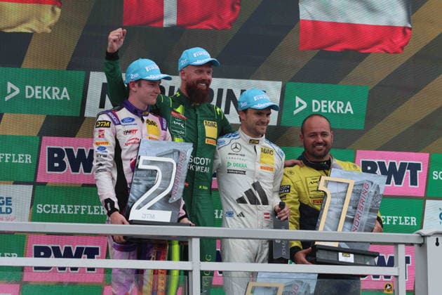 Nürnberg, Deutschland 03. - 05. Juli 2026: DTM - 2026 - Norisring - Sonntag Rennen 2 Im Bild: vL Finn Wiebelhaus (GER 64), Nicki Thiim (DEN 7), Lucas Auer (AUT 22) im Portrait bei der Siegerehrung Norisring Bayern *** Nuremberg, Germany, July 3–5, 2026, DTM 2026 Norisring, Sunday, Race 2. Pictured from left: Finn Wiebelhaus (GER) 64, Nicki Thiim (DEN) 7, Lucas Auer (AUT 22) in a close-up shot at the podium ceremony at the Norisring in Bavaria Copyright: xFotostandx xFabianxWernerx