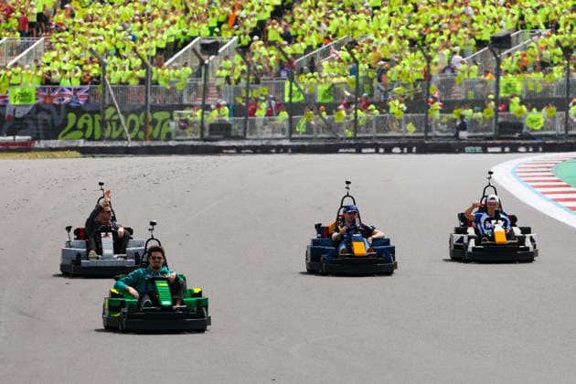 F1 - BRITISH GRAND PRIX 2026 18 STROLL Lance (can), Aston Martin F1 Team AMR26, action, 03 VERSTAPPEN Max (nld), Red Bull Racing Ford RB22, action, 30 LAWSON Liam (nzl), Visa Cash App RB F1 Team VCARB03, action and 27 HULKENBERG Nico (ger), Audi F1 Team , action Lego kart in drivers parade during the Formula 1 British Grand Prix 2026, 9th round of the 2026 Formula One World Championship, WM, Weltmeisterschaft from July 3 to 5, 2026 on the Silverstone Circuit, in Silverstone, United Kingdom - SilverstoneUnited Kingdom  Copyright: xEricxAlonsox