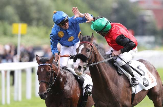 05.07.2026, GER,Reitsport, Rennen 8 IDEE 157. Deutsches Derby , Derby Meeting Hamburg - Galopprennen, Hamburger Renn-Club e.V., Galopprennbahn Hamburg Horn, Hamburg Sieger Rennen 8 IDEE 157. Deutsches Derby Dardanos ( 15) geritten von Wladimir Panov klatscht mit dem drittplatzierten Salitos (IRE) ( 03) geritten von Bauyrzhan Murzabayev ab *** July 5, 2026, GER, Equestrian Sports, Race 8 IDEE 157 German Derby, Derby Meeting Hamburg Horse Race, Hamburger Renn Club e.V., Hamburg Horn Racetrack, Hamburg Winner Race 8 IDEE 157 German Derby: Dardanos 15, ridden by Wladimir Panov, collides with third-place finisher Salitos IRE 03, ridden by Bauyrzhan Murzabayev nordphotoxGmbHx xTauchnitz nph00059