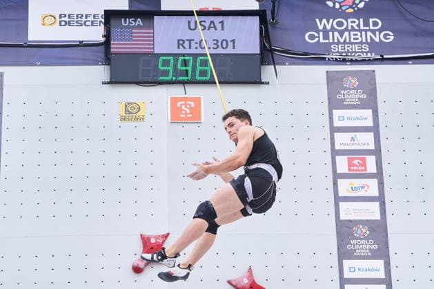 Krakow 05.07.2026. Day 3 of IFSC Speed World Cup Krakow 2026 in Cracow, Poland --- Wspinaczka Sportowa. Puchar Swiata we wspinaczce sportowej na czas Krakow 2026 w Krakowie, dzien 3 Persons shown: Zach Hammer (USA) Fot. Dominika Chmura Arena AkcjiFot. Dominika Chmura Arena Akcji NEWSPIX.PL --- newspix.pl 