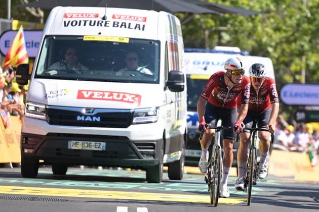 Belgian Arnaud De Lie of Lotto Intermarche pictured in action during the second stage of the 2026 Tour de France cycling race, a stage of 182km from Tarragona to Barcelona, Sunday 05 July 2026. The 113th edition of the Tour de France starts on Saturday 4 July in Barcelona, Spain, and will finish in Paris, France on the 26th of July. DAVIDxPINTENS  x180436640x