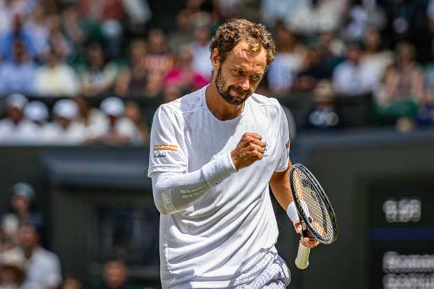 RECORD DATE NOT STATED 5th July 2026; All England Lawn Tennis and Croquet Club, London, England; Wimbledon Tennis Tournament, Day Seven; Roman Safiullin celebrates winning a game in his forth round match against Novak Djokovic (SRB) GodfreyxPitt