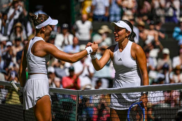 RECORD DATE NOT STATED 5th July 2026; All England Lawn Tennis and Croquet Club, London, England; Wimbledon Tennis Tournament, Day Seven; Iva Jovic (USA) congratulates Jessica Pegula (USA) on her victory in their fourth round match GodfreyxPitt