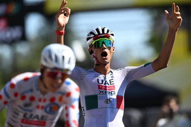 Mexican Isaac Del Toro of UAE Team Emirates-XRG and pictured as he crosses the finish line of the second stage of the 2026 Tour de France cycling race, a stage of 182km from Tarragona to Barcelona, Sunday 05 July 2026. The 113th edition of the Tour de France starts on Saturday 4 July in Barcelona, Spain, and will finish in Paris, France on the 26th of July. DAVIDxPINTENS  x180437880x