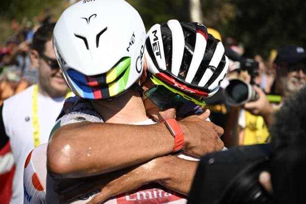 Slovenian Tadej Pogacar of UAE Team Emirates-XRG, Mexican Isaac Del Toro of UAE Team Emirates-XRG and pictured after the second stage of the 2026 Tour de France cycling race, a stage of 182km from Tarragona to Barcelona, Sunday 05 July 2026. The 113th edition of the Tour de France starts on Saturday 4 July in Barcelona, Spain, and will finish in Paris, France on the 26th of July. JASPERxJACOBS  x180438762x