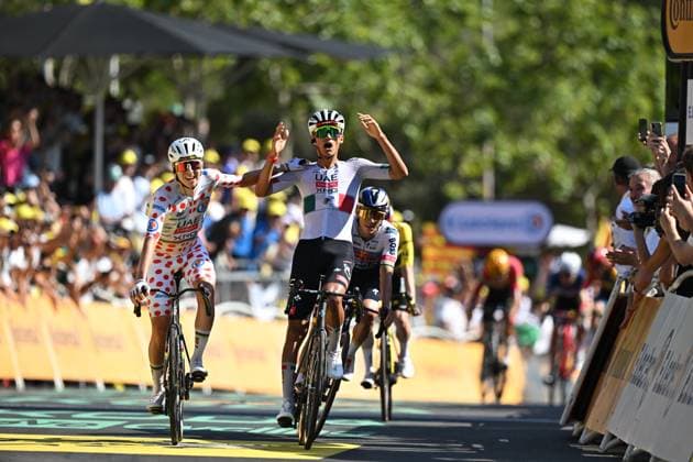 Slovenian Tadej Pogacar of UAE Team Emirates-XRG, Mexican Isaac Del Toro of UAE Team Emirates-XRG and pictured as they crosses the finish line of the second stage of the 2026 Tour de France cycling race, a stage of 182km from Tarragona to Barcelona, Sunday 05 July 2026. The 113th edition of the Tour de France starts on Saturday 4 July in Barcelona, Spain, and will finish in Paris, France on the 26th of July. DAVIDxPINTENS  x180438758x