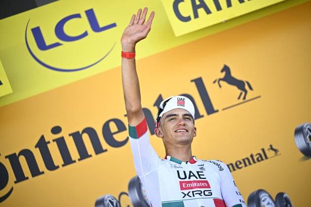 Mexican Isaac Del Toro of UAE Team Emirates-XRG and pictured on the podium after winning the second stage of the 2026 Tour de France cycling race, a stage of 182km from Tarragona to Barcelona, Sunday 05 July 2026. The 113th edition of the Tour de France starts on Saturday 4 July in Barcelona, Spain, and will finish in Paris, France on the 26th of July. JASPERxJACOBS  x180439534x
