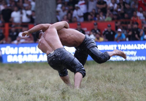 Erkan Tas wins chief wrestler title at 665th Historic Kirkpinar Oil Wrestling Festival EDIRNE, TURKIYE - JULY 5: Erkan Tas competes against Feyzullah Akturk in the final to become the chief wrestler during the 665th Historic Kirkpinar Oil Wrestling Festival at the Sarayici Er Meydani wrestling grounds in Edirne, Turkiye, on July 5, 2026. Ozgun Tiran Anadolu Edirne Turkey. Editorial use only. Please get in touch for any other usage.  Copyright: x2026xAnadoluxOzgunxTiranx